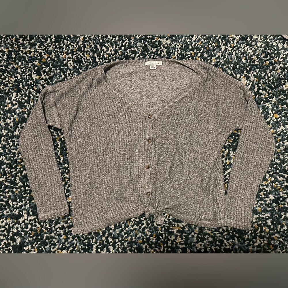 American Eagle oversized XS cropped twisted waffle knit light sweater Gray